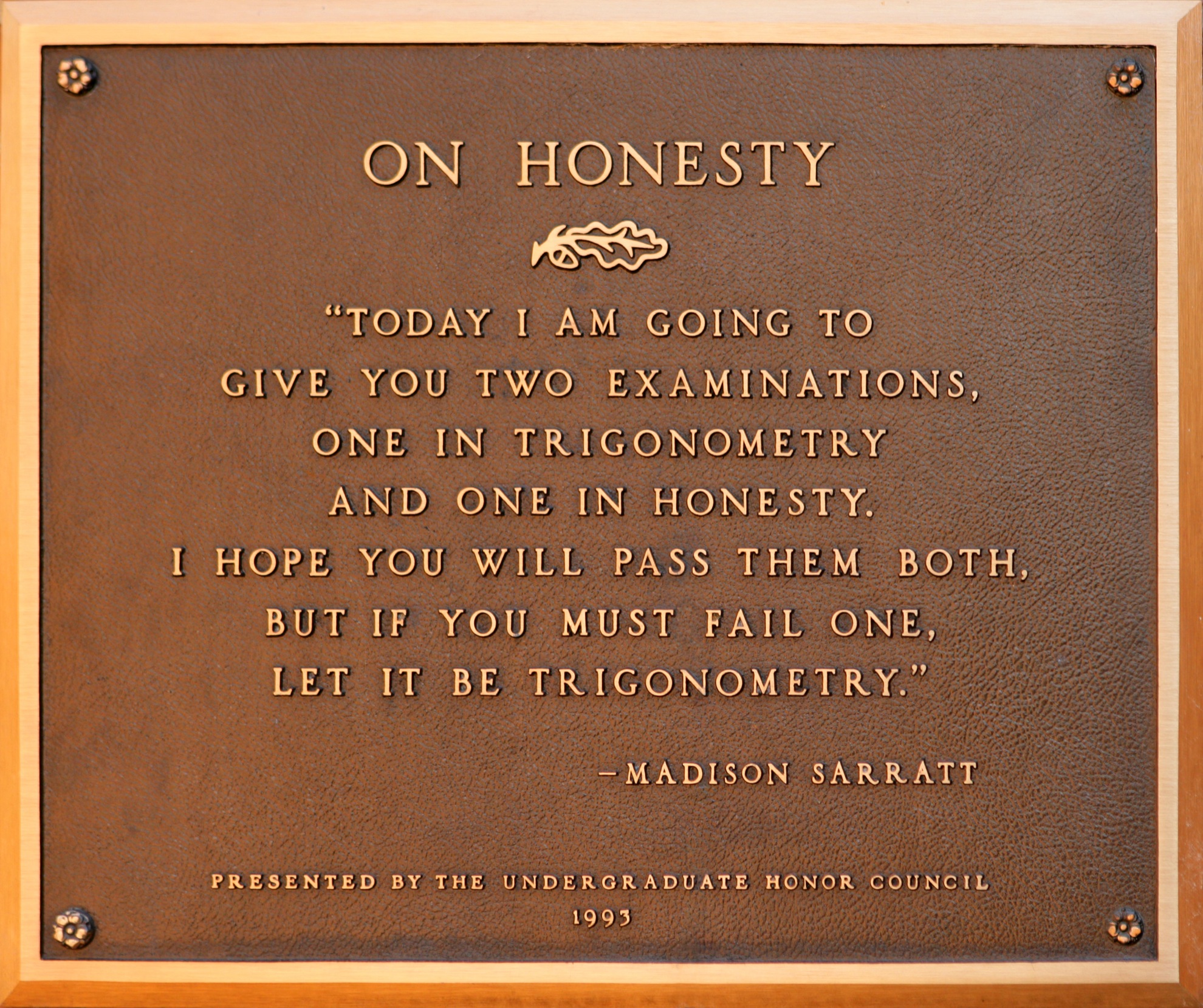Vanderbilt University's plaque "On Honesty"